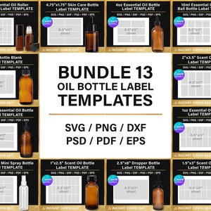 Puede incluir: Un paquete digital con 13 plantillas de etiquetas para botellas de aceite, incluyendo diseños para roll-on, cuentagotas y pulverizadores. Disponibles en formatos SVG, PNG, DXF, PSD, PDF y EPS. Cada plantilla está diseñada para una hoja A4 (aproximadamente 21,6 cm x 27,9 cm).