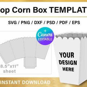Popcorn box blank template, DIY, scallop popcorn box, party favor | decorations, svg, png, Canva, Cricut, instant download