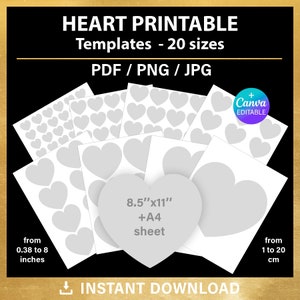 Puede incluir: Plantillas de corazones imprimibles en varios tamaños, de 1 a 20 cm, disponibles en formatos PDF, PNG y JPG. El diseño incluye una opción editable de Canva y descarga instantánea. La imagen presenta múltiples patrones de corazones.