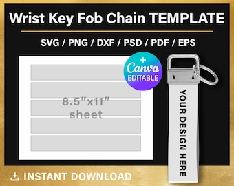 Wrist Key fob chain, BLANK template, svg, png, psd, 1.25 x 9 inches, DIY, Canva, Cricut, instant download