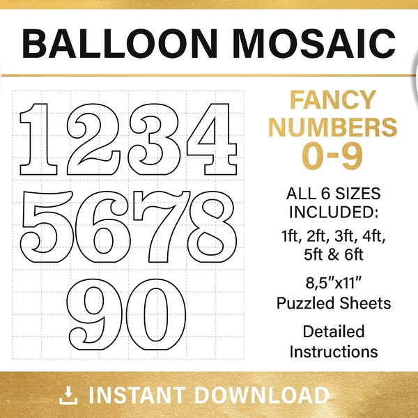 balloon mosaic template, BUNDLE, all fancy numbers, mosaic from balloons, 1ft, 2ft, 3ft, 4ft, 5ft, 6ft, instant download