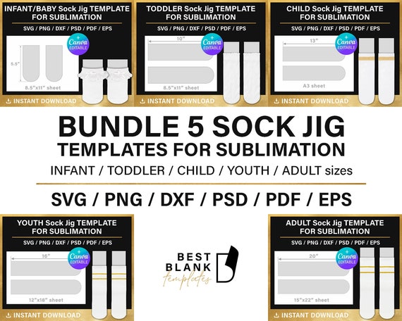 Sock Jig template BUNDLE for sublimation, BLANK template, Canva, Cricut, svg, png, psd, cut file, instant download