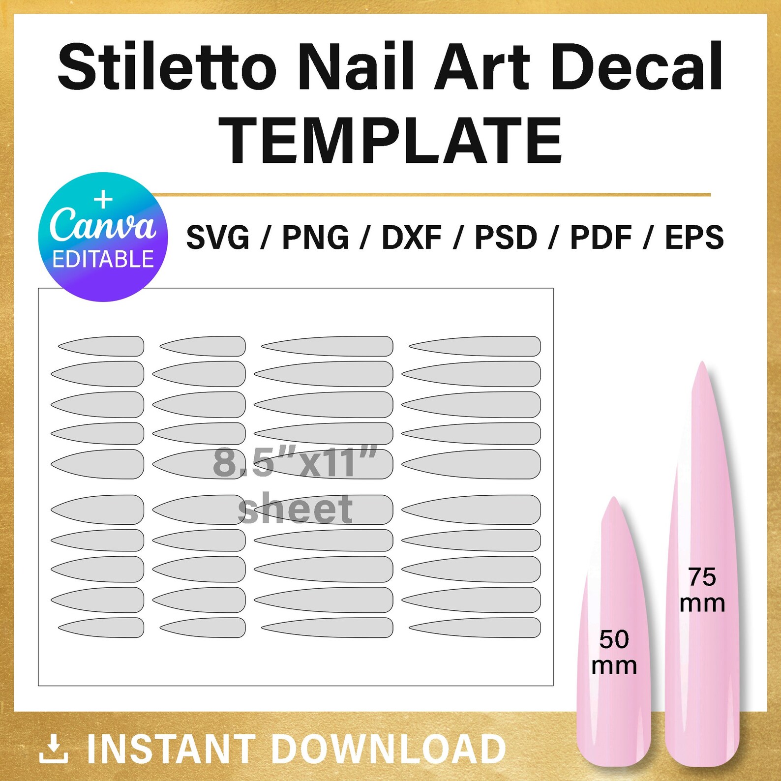 Stiletto Nail BLANK Template, 50 Mm, 75 Mm, Nail Art Decal, DIY, Custom