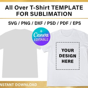 May include: A white t-shirt mockup with a gray outline of a t-shirt on the left and a white t-shirt with the text "YOUR DESIGN HERE" on the right. The text "+ Canva EDITABLE" is on a blue and purple circle.