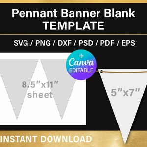 May include: A printable pennant banner template for use with Canva. The template includes two pennants, one measuring 8.5 inches by 11 inches and the other measuring 5 inches by 7 inches.