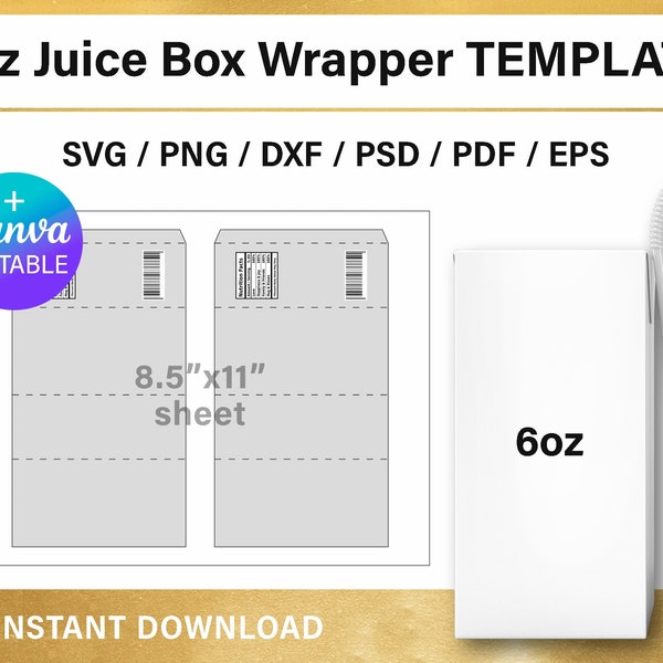 DIY 6oz Juice Box wrapper blank template, png, Canva, svg, Cricut, instant download