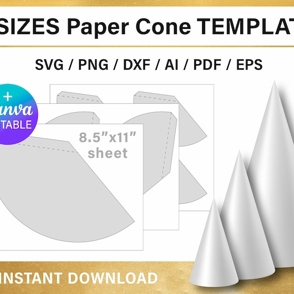 DIY 3 size Paper Cone BLANK template BUNDLE, svg, png, svg, Canva, Cricut, instant download