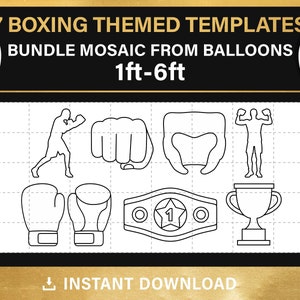 May include: Seven black and white outline illustrations of boxing themed items for balloon mosaic decorations. The illustrations include a boxer, a boxing glove, a championship belt, a trophy, a boxing helmet, a fist, and a boxing ring.