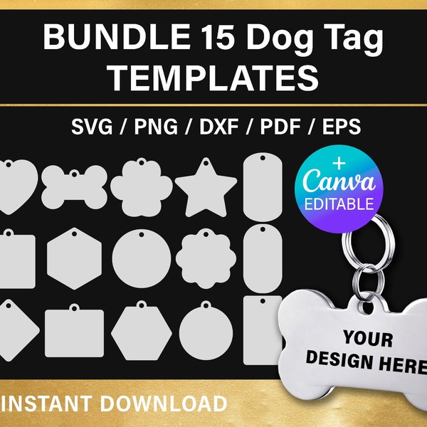 dog tag template bundle, dog bone tag SVG, blank sublimation template, dog ID tag, Canva, Cricut, Silhouette, Glowforge, instant download