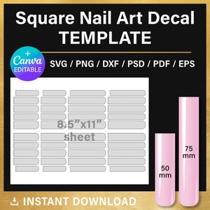 May include: A printable template for square nail art decals. The template is 8.5 inches by 11 inches and includes multiple sizes of square nail decals. The template is designed to be used with Canva. The image also shows the size of the nail decals in millimeters.