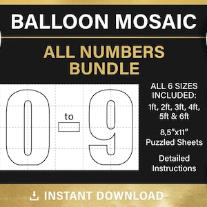 mosaic from balloons, all numbers, BUNDLE, tall number template, 1ft, 2ft, 3ft, 4ft, 5ft, 6ft, all sizes, PDF, instant download