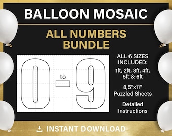 mosaic from balloons, all numbers, BUNDLE, tall number template, 1ft, 2ft, 3ft, 4ft, 5ft, 6ft, all sizes, PDF, instant download