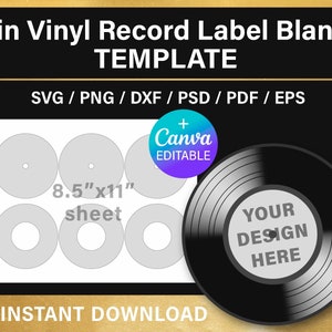 Modèle de label de disque vinyle, modèle vierge, 7 pouces, Cricut, Silhouette Studio, Photoshop, Canva, svg, png, pdf, psd, téléchargement immédiat