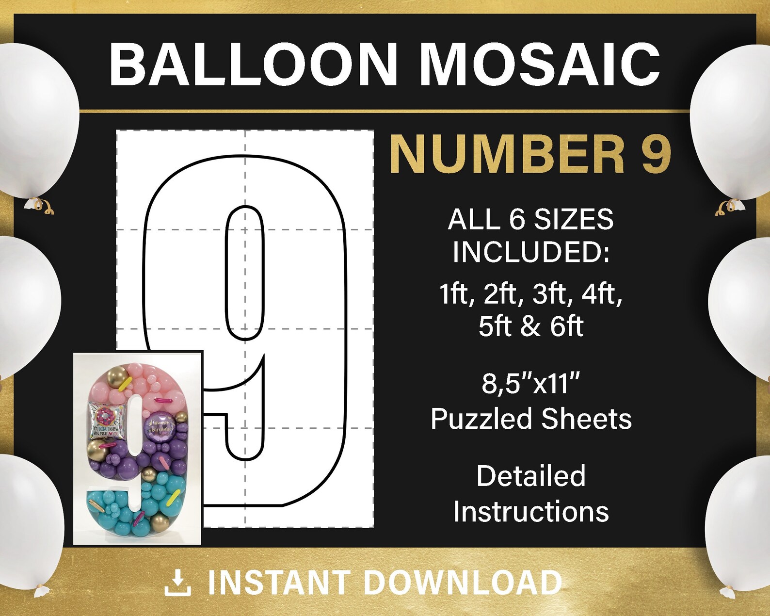 Number 9 Mosaic From Balloons Tall Nine Number Template Etsy