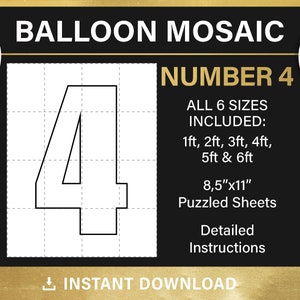 number 4, Mosaic from balloons, tall, four number template, mosaic numbers, 1ft, 2ft, 3ft, 4ft, 5ft, 6ft, all sizes, PDF, instant download