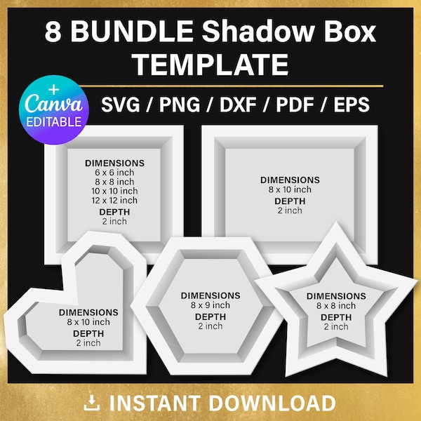 Shadow box svg Bundle modèle, modèle vierge de cadre de boîte lumineuse, Coeur, Étoile, Carré, Rectangle, couches 3D, imprimable, téléchargement instantané