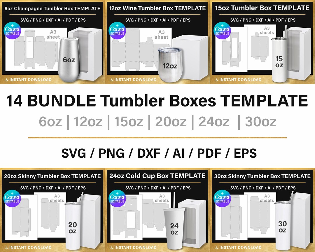 BIG BUNDLE, 14 Tumbler Box Template, DIY, Gift Box Template, 20oz Skinny Tumbler Box, Png, Canva