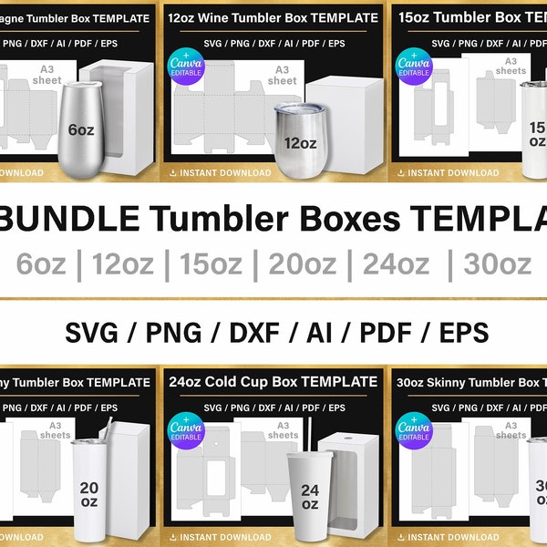 BIG BUNDLE, 14 Tumbler Box Template, DIY, gift box template, 20oz skinny tumbler box, png, Canva, svg, Cricut, printable, instant download