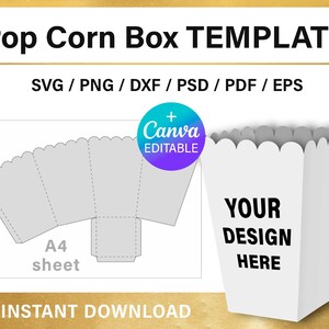 Pu&ograve; includere: Un modello stampabile per una scatola di popcorn. Il modello &egrave; progettato per essere stampato su un foglio A4 e include un'area di progettazione per aggiungere il tuo testo o le tue immagini. Il modello &egrave; anche modificabile in Canva.