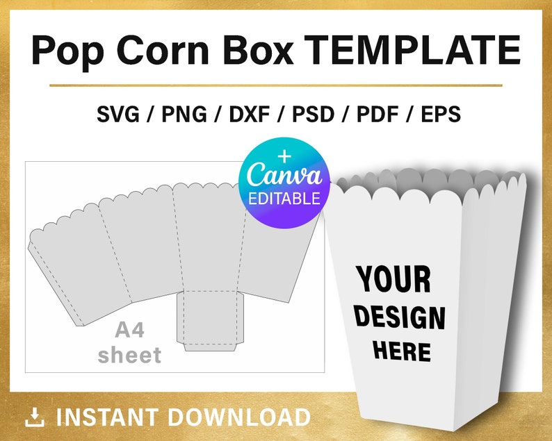 Pu&ograve; includere: Un modello stampabile per una scatola di popcorn. Il modello &egrave; progettato per essere stampato su un foglio A4 e include un'area di progettazione per aggiungere il tuo testo o le tue immagini. Il modello &egrave; anche modificabile in Canva.