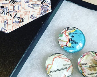 Vintage Map magnets personalised, custom, kitchen, travel, anniversary, wedding gift for him, man present. Personalised Cartographer gift.