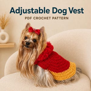 Op de afbeelding: Een hond met lang haar draagt een rood en geel gehaakt vest met een pluizige kraag. De hond heeft een rode strik op het hoofd. De tekst "Adjustable Dog Vest PDF CROCHET PATTERN" staat bovenaan de afbeelding in donkerblauw en bruin.