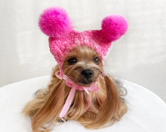 Crochet Pattern Dog Hat with Pom Pom Balls - Pet Clothes Crochet Pattern for Small Dogs, Beanie Head Outift DIY - PDF File