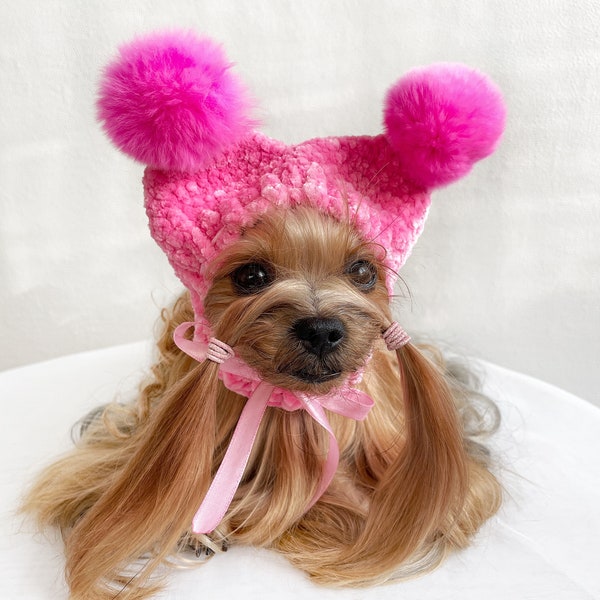 Crochet Pattern Dog Hat with Pom Pom Balls - Pet Clothes Crochet Pattern for Small Dogs, Beanie Head Outift DIY - PDF File