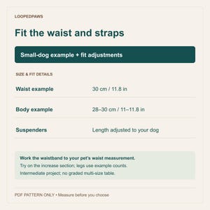 May include: A LoopedPaws informational graphic titled Fit the waist and straps. It lists size and fit details for a small dog, including a waist of 30 cm / 11.8 in, body of 28-30 cm / 11-11.8 in, and adjustable suspenders. It notes PDF pattern only.