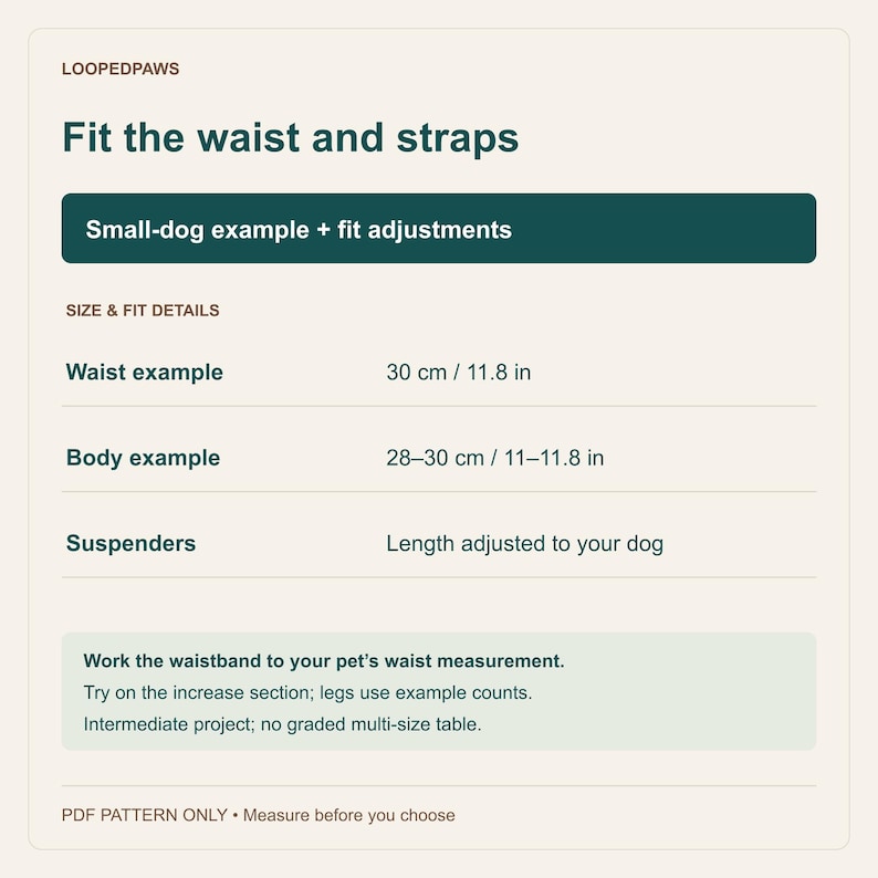 May include: A LoopedPaws informational graphic titled Fit the waist and straps. It lists size and fit details for a small dog, including a waist of 30 cm / 11.8 in, body of 28-30 cm / 11-11.8 in, and adjustable suspenders. It notes PDF pattern only.