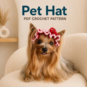 May include: A small dog with long brown hair wearing a pink and red crocheted bonnet with a ruffled edge and a red flower accent. The text Pet Hat PDF CROCHET PATTERN is displayed in dark blue and brown lettering above the dog's head.