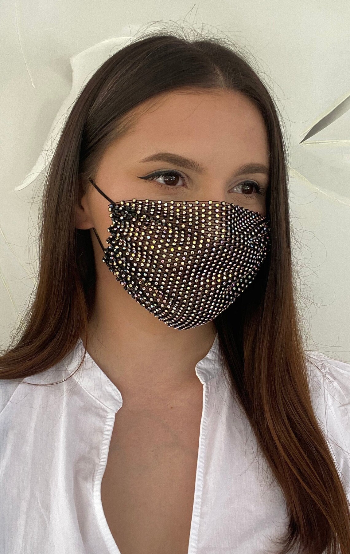 Black Crystal Mesh Face Mask Rhinestone Transparent Bling Etsy