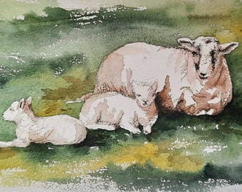 Snuggling up 2. Original watercolour painting, signed.