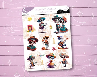 May include: A sheet of colorful stickers featuring Day of the Dead characters. The stickers feature skeletons dressed in traditional Mexican clothing and holding various objects, such as flowers, musical instruments, and candles. The text "Dia de los Muertos" is printed at the top of the sheet.