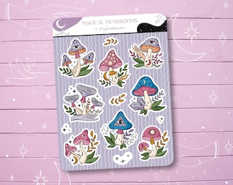 Whimsical magical forest mushrooms sticker sheet for decorating planners, journals, notebooks and more