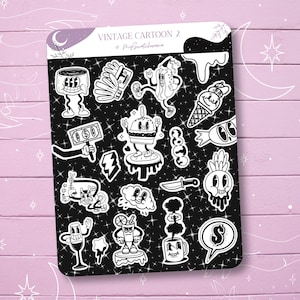 Retro black and white vintage Cartoon 2 Sticker Sheet perfect for decorating planners, journals, notebooks and more