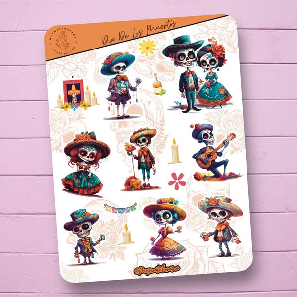 Dia De Los Muertos Sheet, Day of the Dead Sticker Sheet, skeleton stickers, halloween stickers, journal stickers, cute sticker