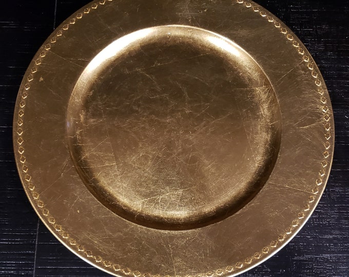 Featured listing image: Diamond rimmed gold charger plates.