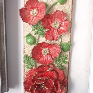 Panel cerámico Amapolas Bodegón escultórico 3D, tamaño: 5x11.6 pulgadas