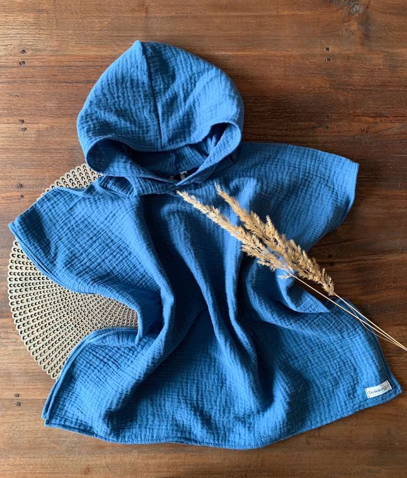 Badeponcho Musselin für Jungen und Mädchen, Handtuch Musselin, Strand Poncho, Kapuzenhandtuch Musselin, Ökotex, Badetuch für Babys Jeansblau