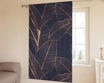 Texture de motif de feuilles de palmier bananier. Forêt de jungle tropicale exotique. Rideau de fenêtre bleu marine cuivre doré (1 pièce)