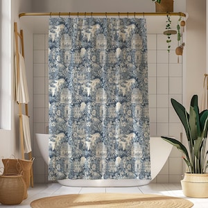 Patrón Toile de Jouy Ilustración de mansiones azul monocromático Cortina de ducha