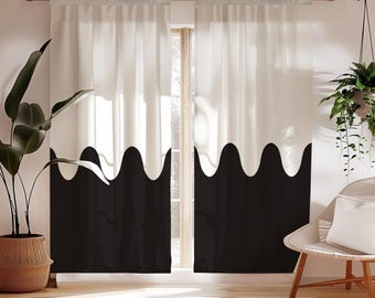Black And White Wavy Color Block Blackout Curtains - 1 Or 2 Panels