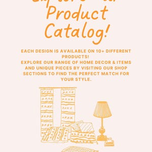 May include: An orange-toned graphic promoting a product catalog. The text reads "Explore Our Product Catalog!" with illustrations of home decor items like curtains, pillows, a lamp, and a rug. The Instagram handle @SHOPREPETU is also displayed.