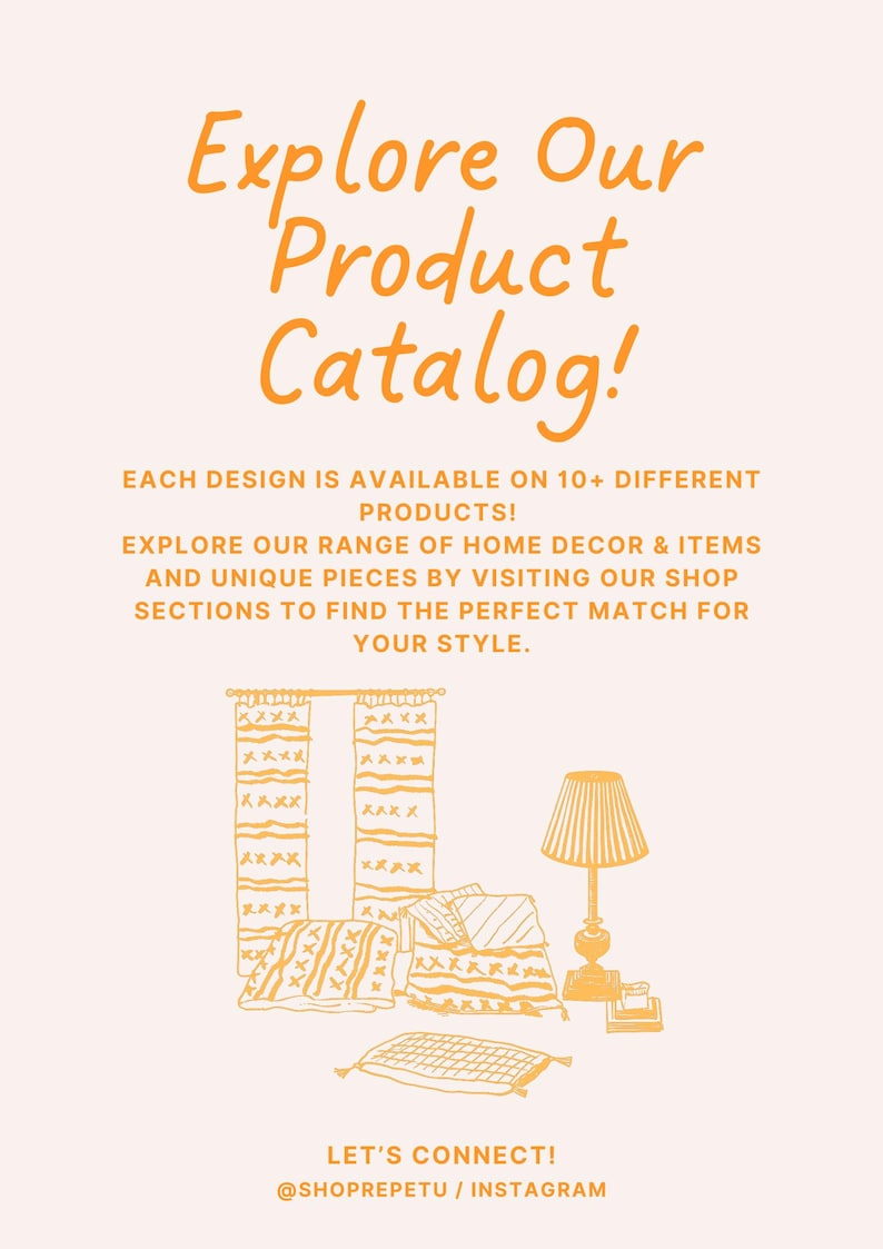 May include: An orange-toned graphic promoting a product catalog. The text reads "Explore Our Product Catalog!" with illustrations of home decor items like curtains, pillows, a lamp, and a rug. The Instagram handle @SHOPREPETU is also displayed.