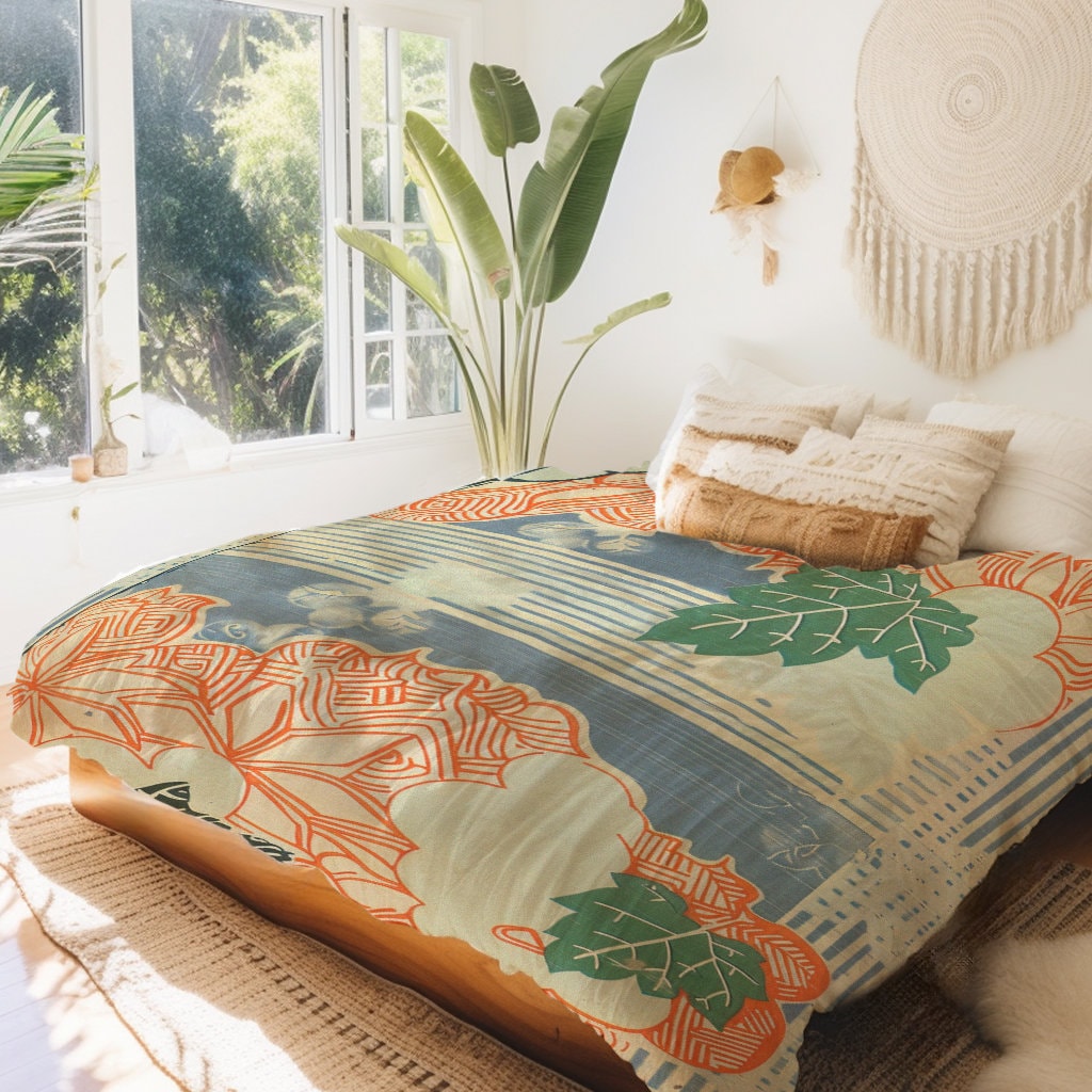 Leaves And Stripes Vintage Kimono Print Design Duvet Cover