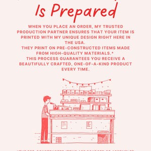 May include: Red text on a light pink background reads "How Your Order Is Prepared." An illustration shows a person working on a building with boxes. Text explains the order process, including printing in the USA. The Instagram handle @SHOPREPETU is also shown.