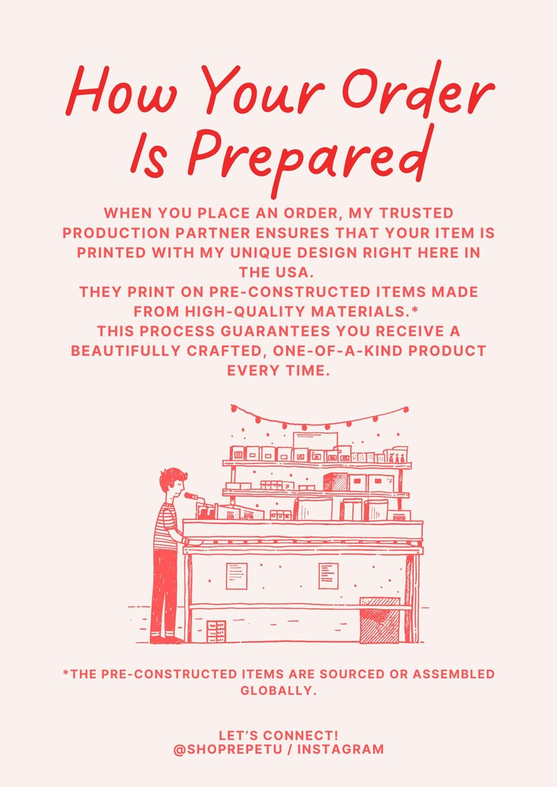 May include: Red text on a light pink background reads "How Your Order Is Prepared." An illustration shows a person working on a building with boxes. Text explains the order process, including printing in the USA. The Instagram handle @SHOPREPETU is also shown.