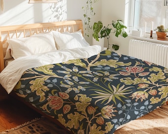 Vintage Flowers And Foliage Arts And Crafts Pattern On Charcoal Duvet Cover