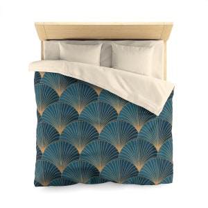 Golden Elements On Blue Background Art Deco Duvet Cover